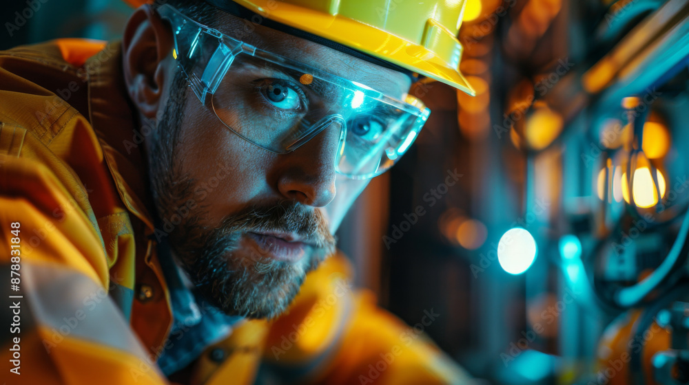 Close-up of a male engineer in safety gear, including a yellow helmet and protective glasses, focused on his work. Close-up of a male engineer in safety gear, including a yellow helmet and protective glasses, focused on his work.