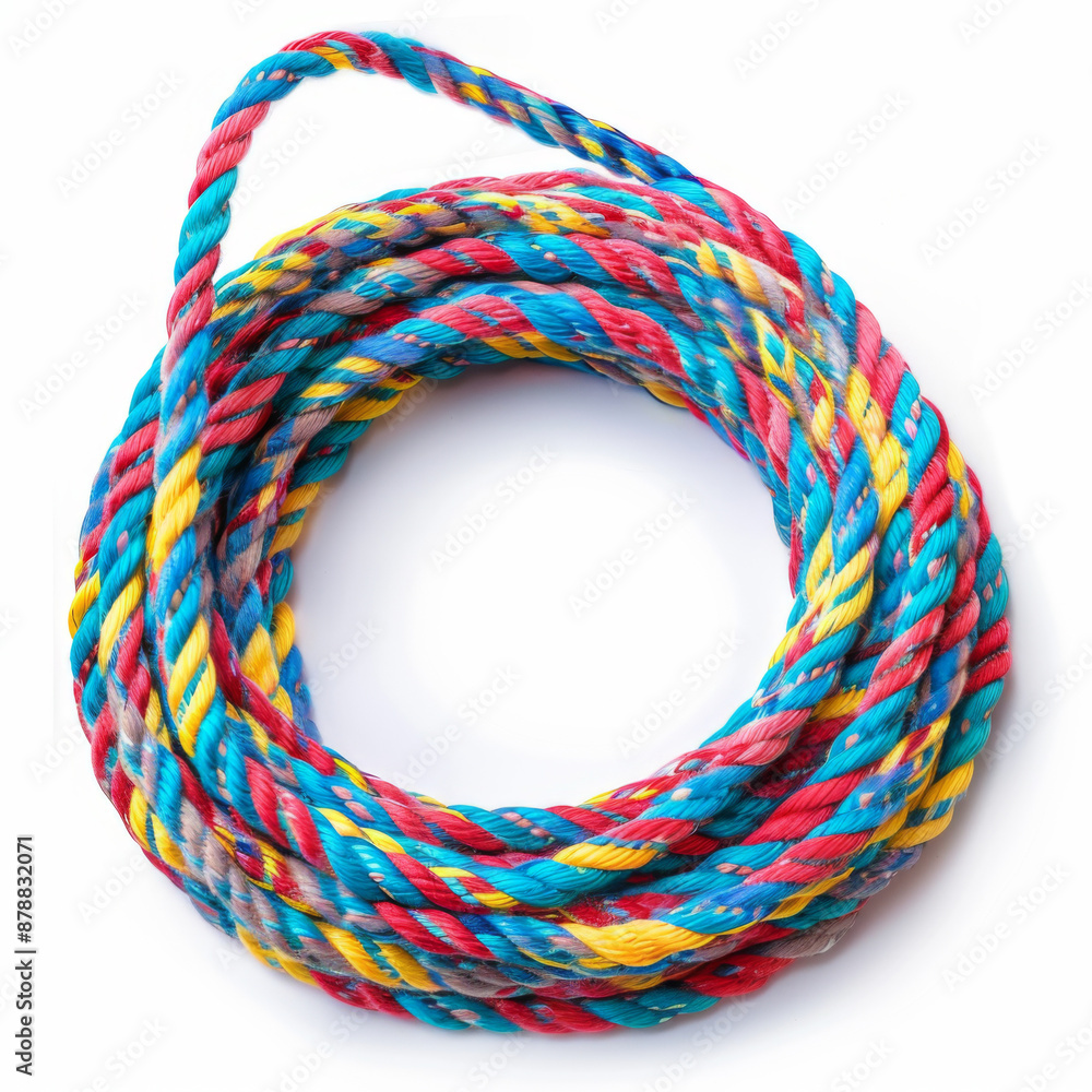 Close-up of a coiled, multicolored twisted rope placed on a white background, showcasing its vibrant and durable design. Close-up of a coiled, multicolored twisted rope placed on a white background, showcasing its vibrant and durable design.