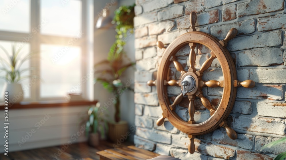 nautical decor, nautical-themed wall decor with antique ship wheel, creating a festive maritime atmosphere perfect for sea day celebrations