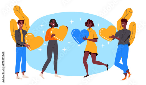 People holding hearts in their hands. Men and women with yellow and blue hearts in their hands. Donations and charity. Volunteers and activists. Cartoon flat vector illustration