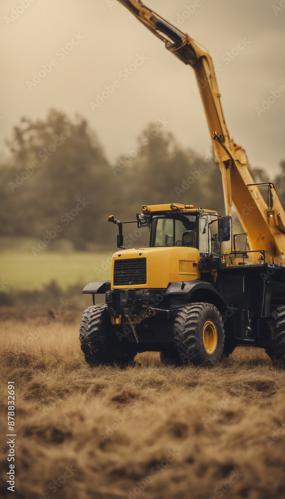 A yellow construction vehicle is parked in a field A yellow construction vehicle is parked in a field