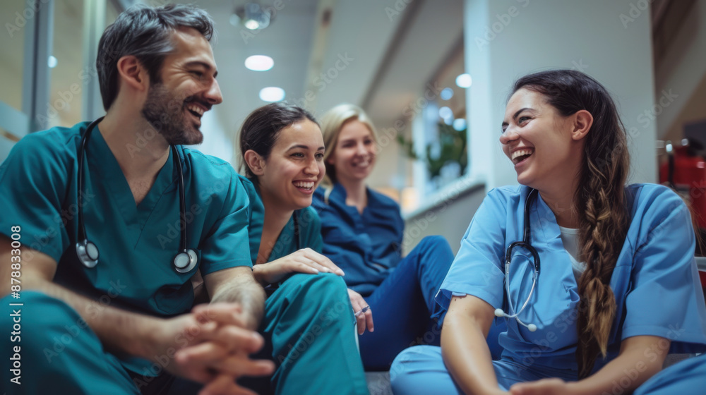 Obraz premium Group of healthcare professionals in scrubs laughing and relaxing, demonstrating camaraderie and teamwork in a hospital setting.