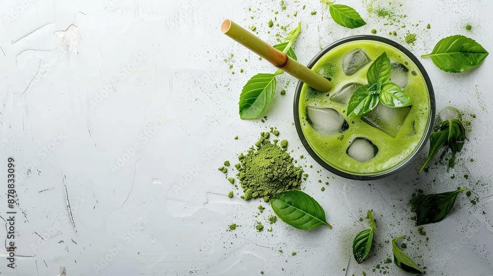 Refreshing Matcha Latte with Ice and Basil