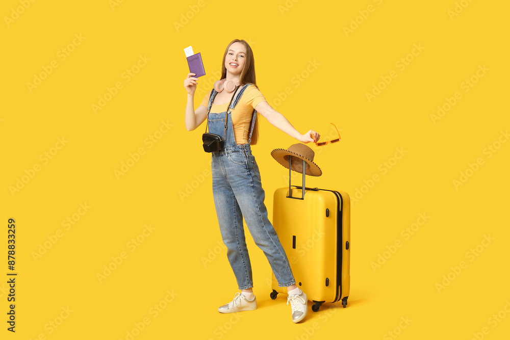 Happy young woman with suitcase, passport and ticket on yellow background. Travel concept Happy young woman with suitcase, passport and ticket on yellow background. Travel concept