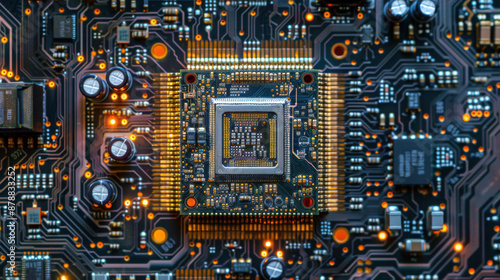 Wallpaper Mural High-resolution close-up of a circuit board featuring a central microprocessor surrounded by electronic components and connections. Torontodigital.ca