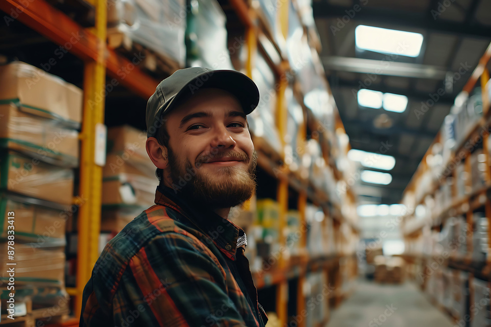 Smiling Warehouse Worker in Industrial Setting Smiling Warehouse Worker in Industrial Setting