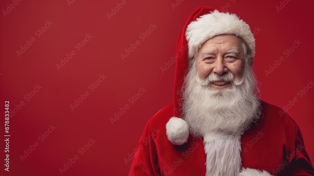 Happy Santa Claus on a red background with copy space. Christmas and New Year concept Happy Santa Claus on a red background with copy space. Christmas and New Year concept