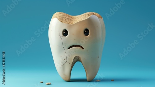 Cartoon sad broken sick tooth on blue background. Concept of dental treatment and care. Lack of hygiene and dental care photo