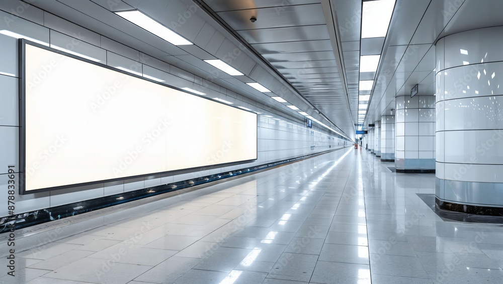 A long, empty corridor of an urban transit station with white-tiled walls and bright overhead lighting. A large, blank billboard is mounted on the left side. A long, empty corridor of an urban transit station with white-tiled walls and bright overhead lighting. A large, blank billboard is mounted on the left side.