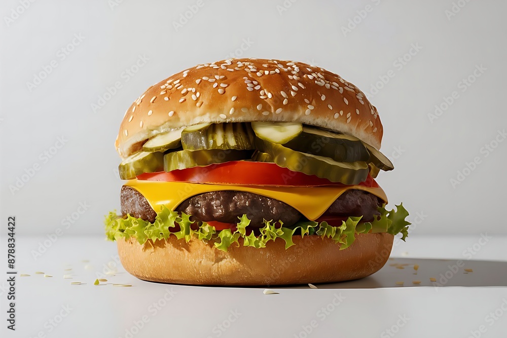 A double cheeseburger with lettuce, tomato, pickles, and ketchup, served on a sesame seed bun, against a plain white background. A double cheeseburger with lettuce, tomato, pickles, and ketchup, served on a sesame seed bun, against a plain white background.