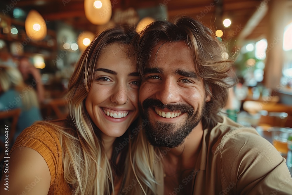 Young Couple Taking Selfie at Burger Pub: Lifestyle Scene Young Couple Taking Selfie at Burger Pub: Lifestyle Scene