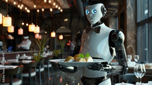 A robot waiter in a bow tie holds a plate of food in a restaurant. Artificial intelligence concept