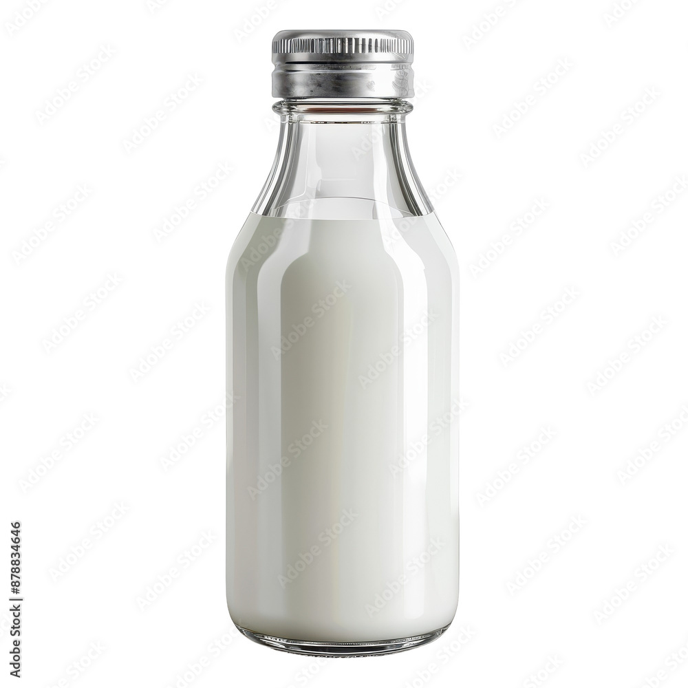 Milk Bottle, Clear glass bottle with metal cap filled with milk, Fresh Dairy on a transparent background. Milk Bottle, Clear glass bottle with metal cap filled with milk, Fresh Dairy on a transparent background.