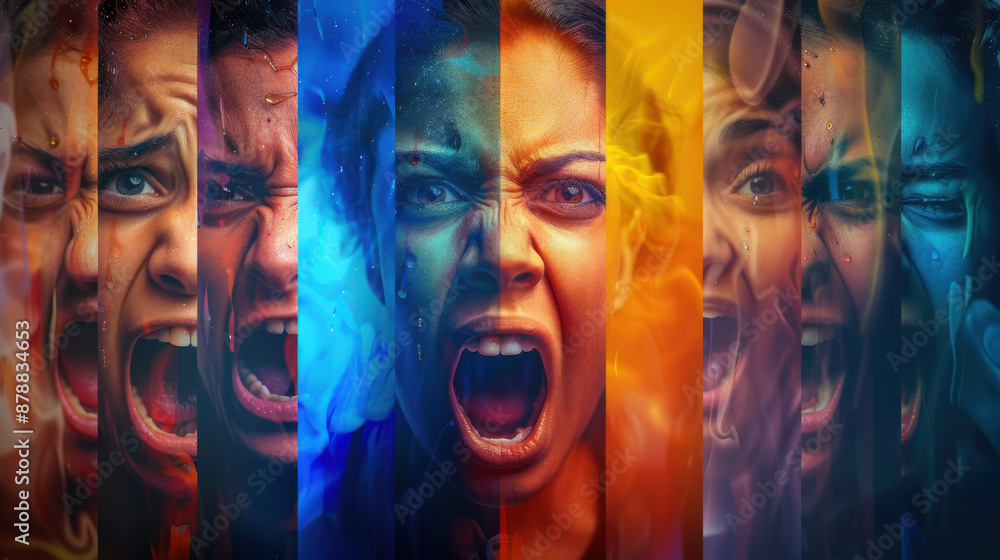 Obraz premium Collage of diverse emotional expressions in vivid colors, capturing intense feelings and dynamic visual effects.
