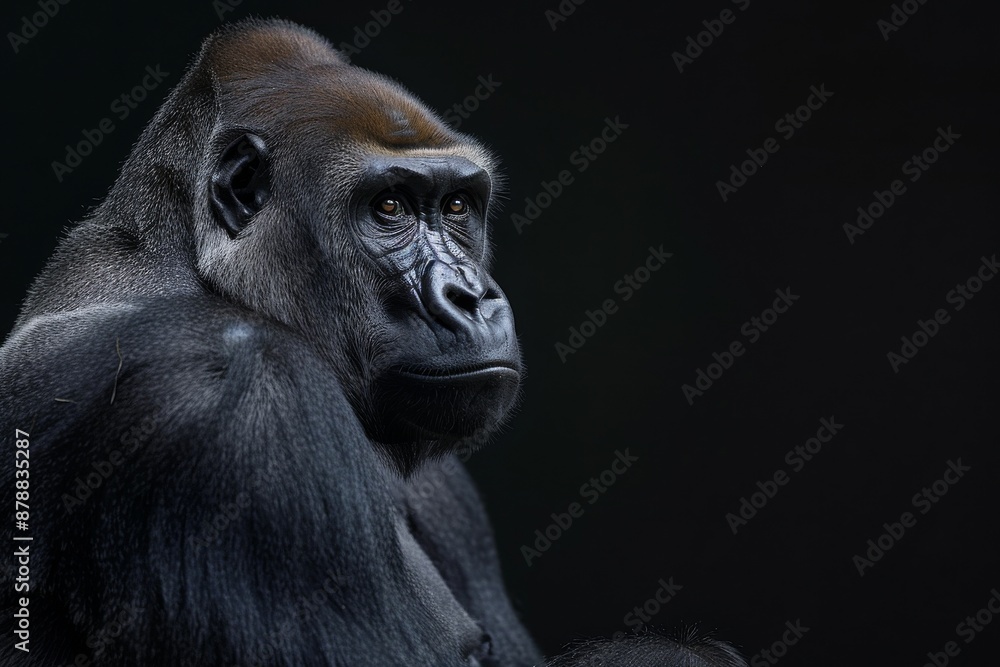 Fototapeta premium the beside view Eastern Lowland Gorilla, left side view, isolated on black background
