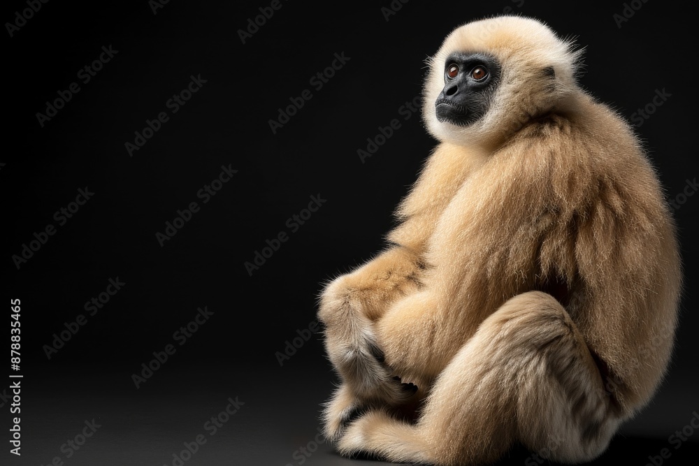 Fototapeta premium the beside view Kloss's Gibbon, left side view, isolated on black background