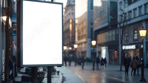 An empty billboard stands on a street in an urban area during the evening. Pedestrians and streetlights are visible, and the environment has a modern city vibe with office buildings. © akarawit