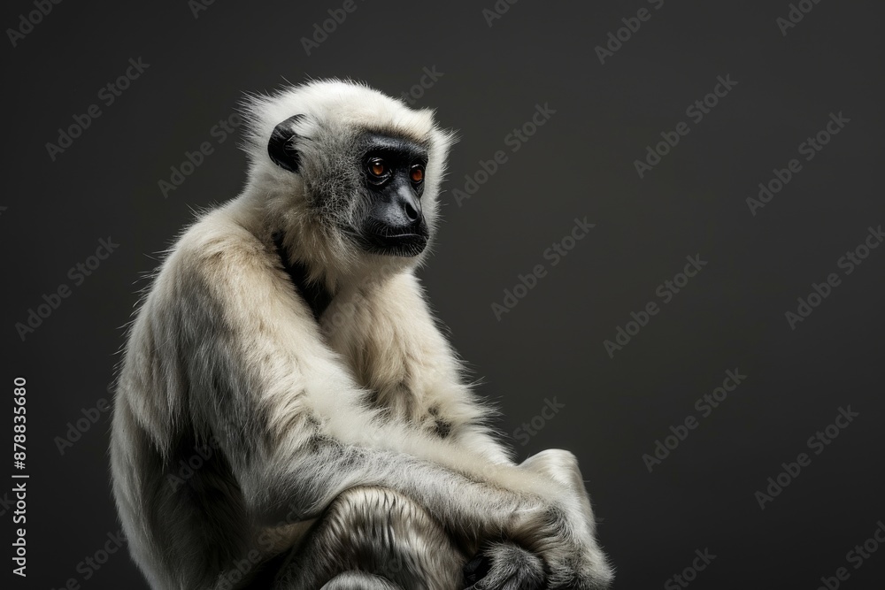 Fototapeta premium the beside view Lar Gibbon, left side view, isolated on black background