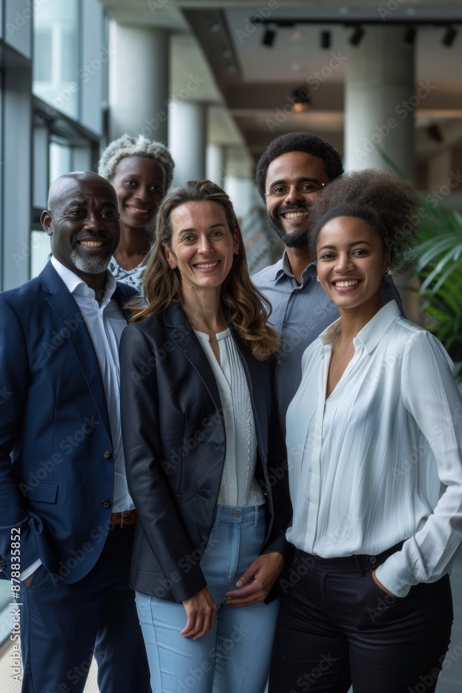 Diverse group of business people smiling in modern office building Diverse group of business people smiling in modern office building