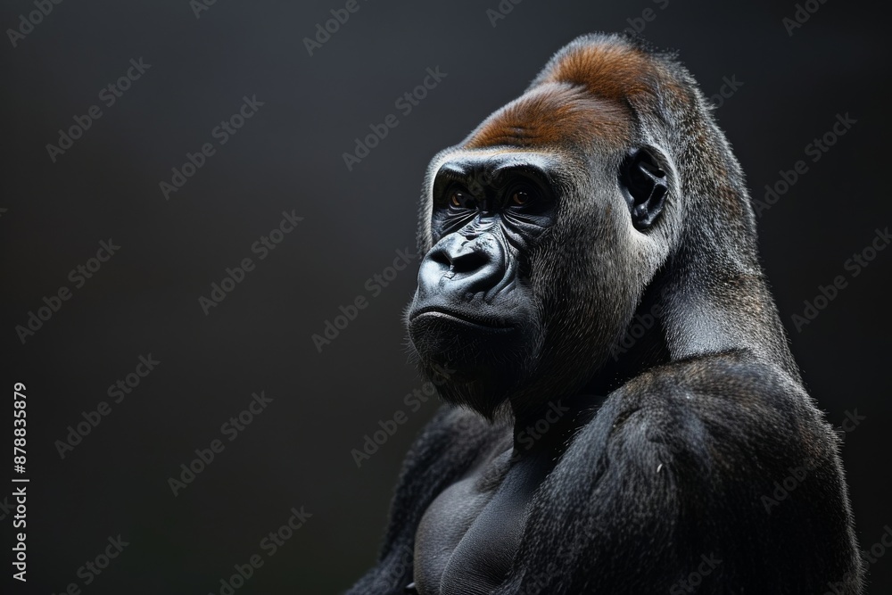 the beside view Mountain Gorilla, left side view, isolated on black background the beside view Mountain Gorilla, left side view, isolated on black background