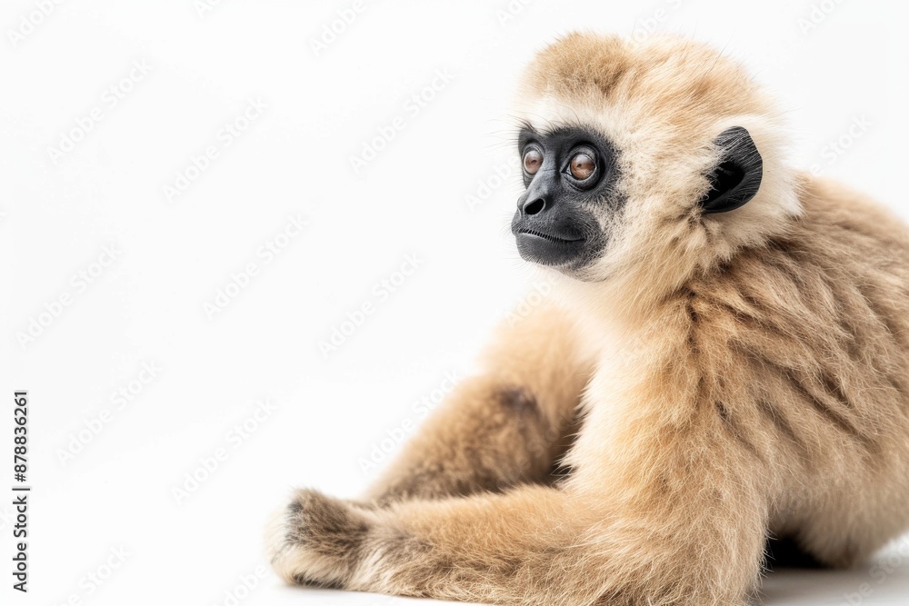 Fototapeta premium the beside view of a Lar Gibbon, left side view, isolated on white background