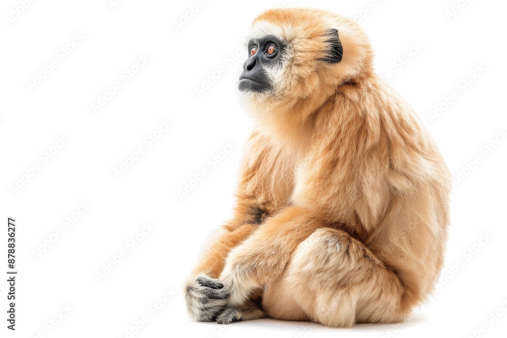 Fototapeta premium the beside view of a Lar Gibbon, left side view, isolated on white background