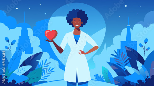 Illustration of african female doctor wearing white coat holding red heart behind the city landscape