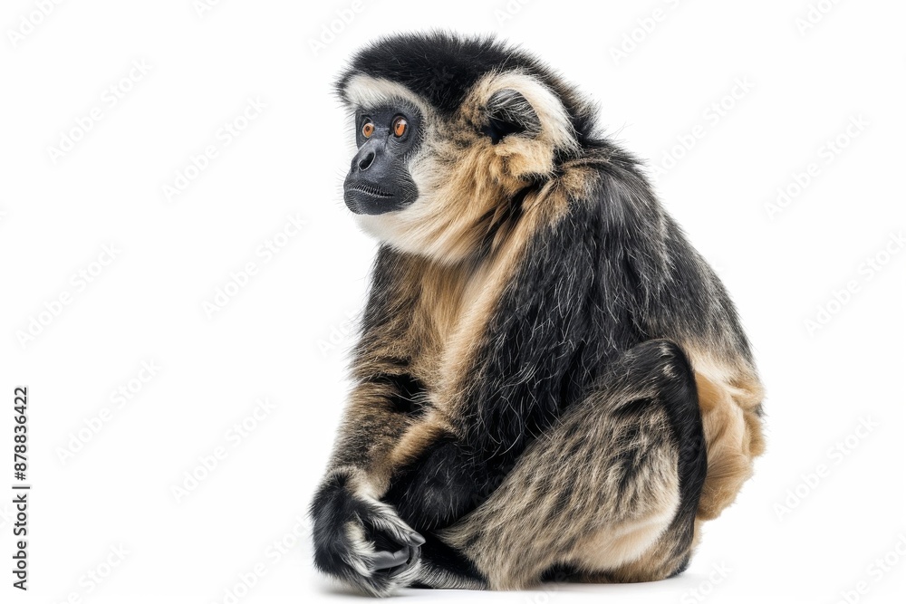 Fototapeta premium the beside view of a Pileated Gibbon, left side view, isolated on white background