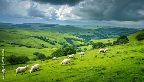 A verdant pasture stretches into the distance, dotted with sheep grazing peacefully