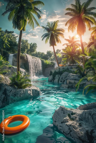 Palm trees and waterfalls surround a tropical lagoon with a single orange inner tube floating in the foreground. The sun is setting, casting a golden glow over the scene.