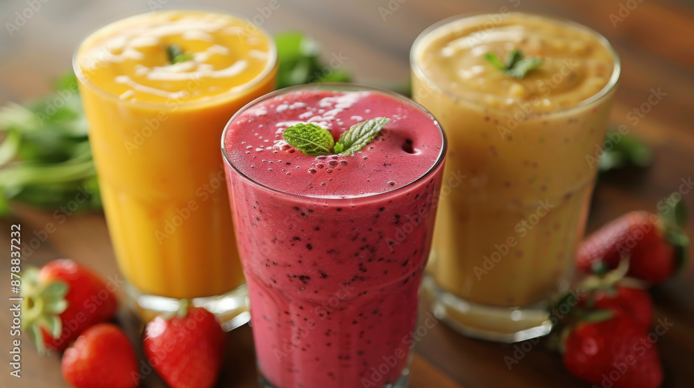 Three glasses of colorful fruit smoothies with fresh ingredients like strawberries and mint leaves on a wooden table. Three glasses of colorful fruit smoothies with fresh ingredients like strawberries and mint leaves on a wooden table.