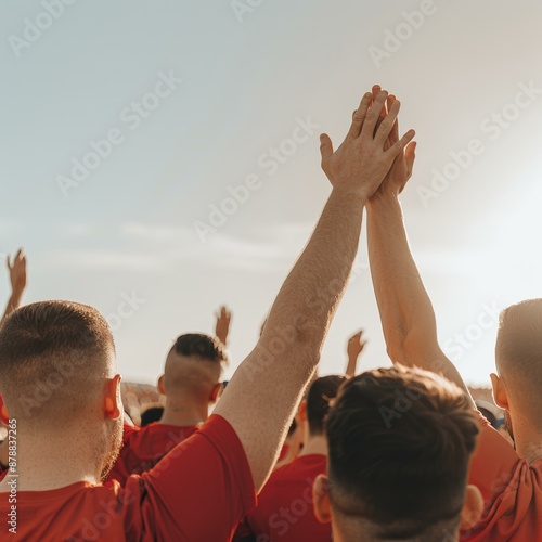 Triumphant Red: People Rejoice Against a Vibrant Azure Sky