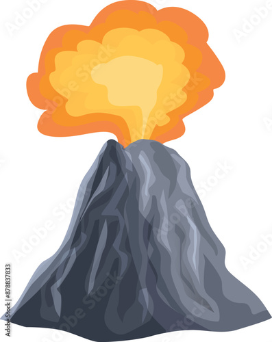 Large grey volcano erupting with molten lava rock, spewing hot ash and smoke