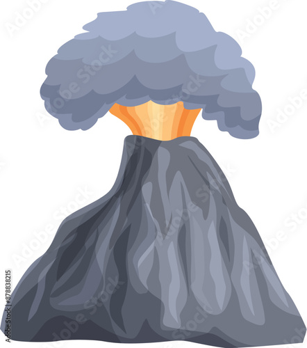 Cartoon volcano erupting, spewing molten lava and a large ash cloud