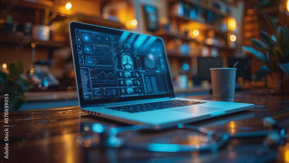 A sleek laptop on a wooden desk displaying complex data analytics. The workspace is softly lit with a cup of coffee and blurred background elements, evoking a cozy tech-centric environment. A sleek laptop on a wooden desk displaying complex data analytics. The workspace is softly lit with a cup of coffee and blurred background elements, evoking a cozy tech-centric environment.