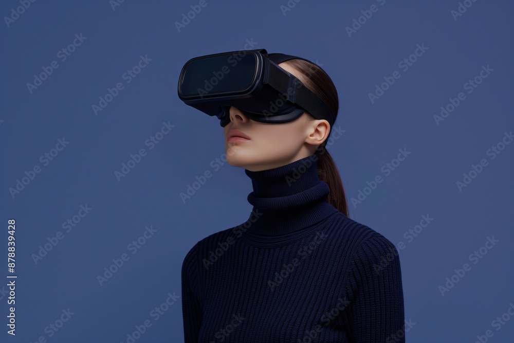 A young woman wearing virtual reality headset isolated