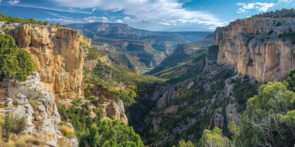 Breathtaking view of a vast canyon with rocky cliffs and dense green vegetation under a bright blue sky.