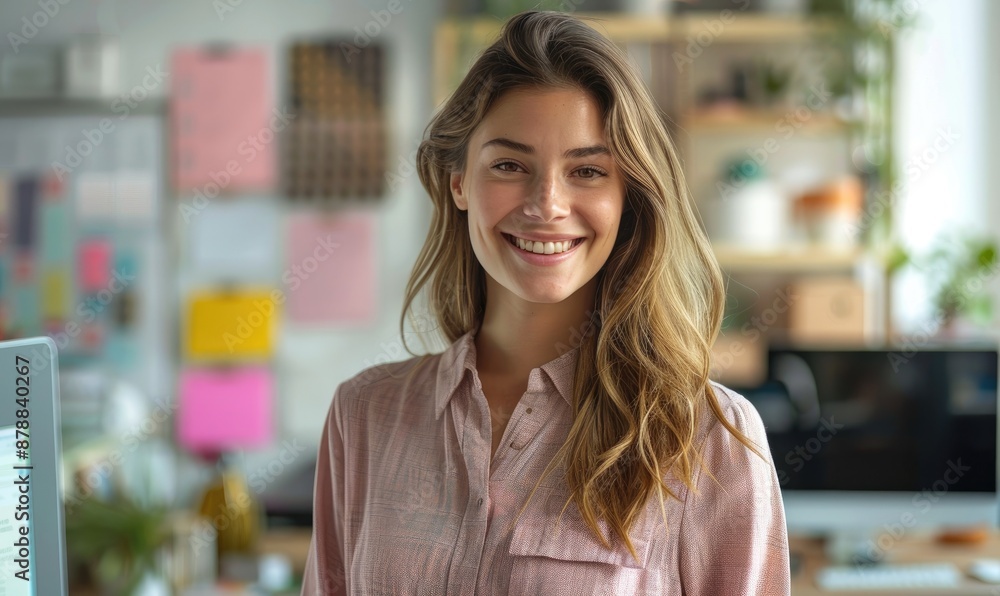 Smiling Woman in Business Casual Attire at Modern Office Desk Smiling Woman in Business Casual Attire at Modern Office Desk