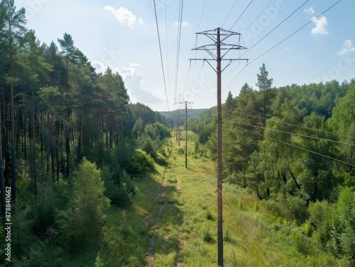 Aerial Perspective of Power Lines Through Lush Forests