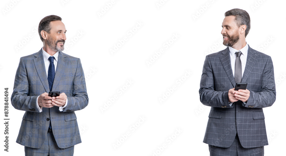 businessmen texting on phone isolated on white. business texting message. online business. business men in suit use phone. two texting businessmen chatting in blog. banner businessmen texting on phone isolated on white. business texting message. online business. business men in suit use phone. two texting businessmen chatting in blog. banner