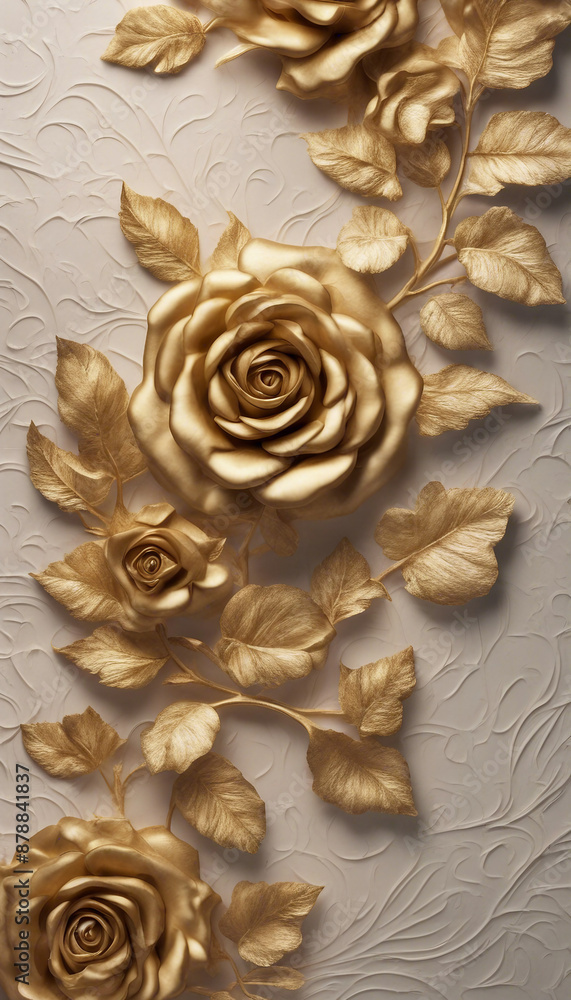 Decorative wall design with golden roses and leaves on textured plaster background Beautiful and ele Decorative wall design with golden roses and leaves on textured plaster background Beautiful and ele