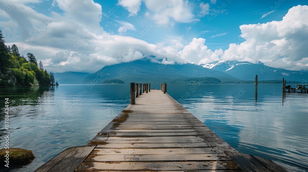 Obraz premium a dock on a lake with mountains in the background
