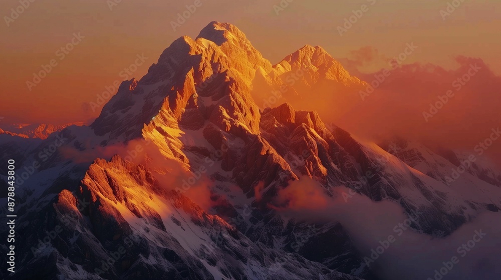 
Triglav mountain peak at sunrise, illuminated by the gentle morning light. This picturesque scene highlights the natural beauty of Slovenia's Triglav National Park in a panoramic view.