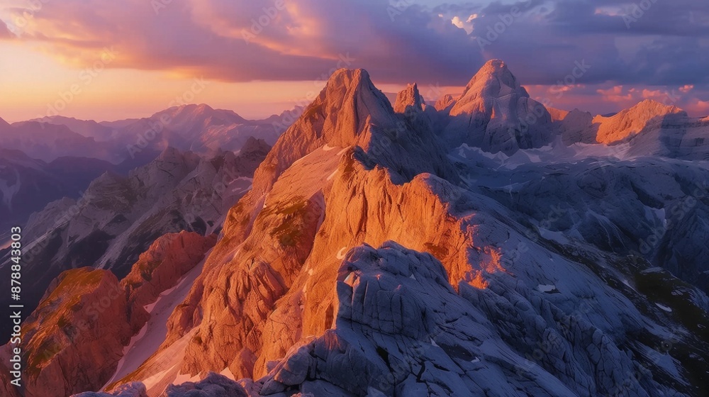 Obraz premium Triglav mountain peak at sunrise, illuminated by the gentle morning light. This picturesque scene highlights the natural beauty of Slovenia's Triglav National Park in a panoramic view.