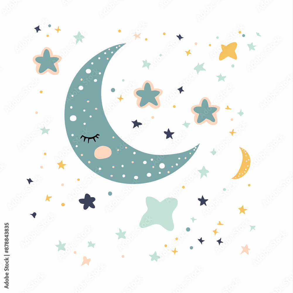 Moon and stars on white background, simple design, cute style, flat vector graphics, pastel colors, soft edges Moon and stars on white background, simple design, cute style, flat vector graphics, pastel colors, soft edges