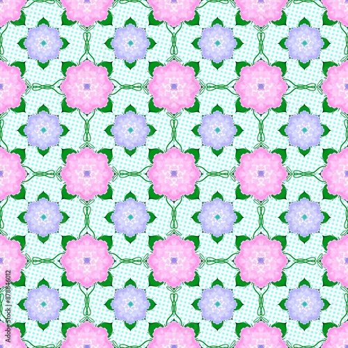seamless pattern of pink and purple flowers on bluebackground
