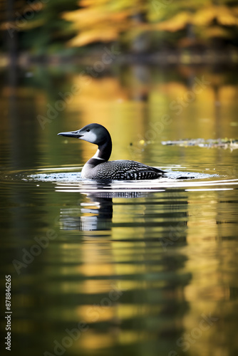 Floating Grace - A Peaceful Loon on a Secluded, Mirroring Lake Amidst Forest