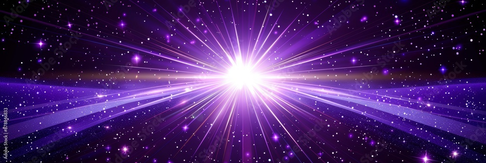 Naklejka premium Vibrant purple light burst with pink and golden sparkles on dark background in abstract composition