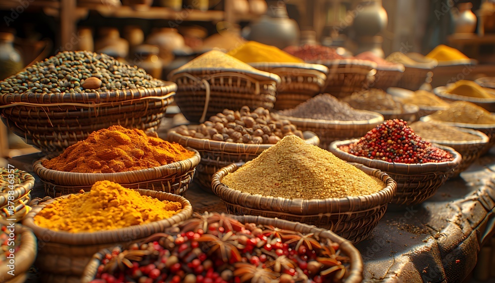 Fototapeta premium A variety of spices are displayed in wicker baskets at a market