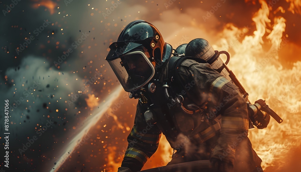 Obraz premium A firefighter in full gear battles a massive blaze